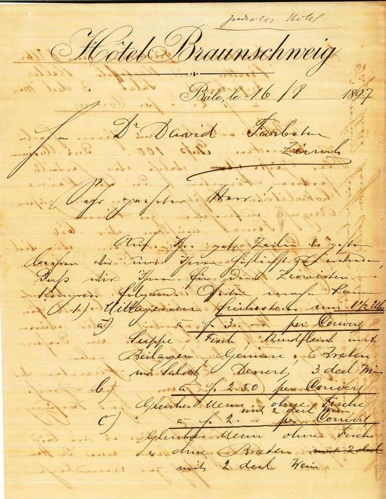 מכתב ממלון בראונשוויג אל דוד פרבשטיין בנוגע לתפריט ולסידורי הלינה, 16.8.1897 (H1\1205)